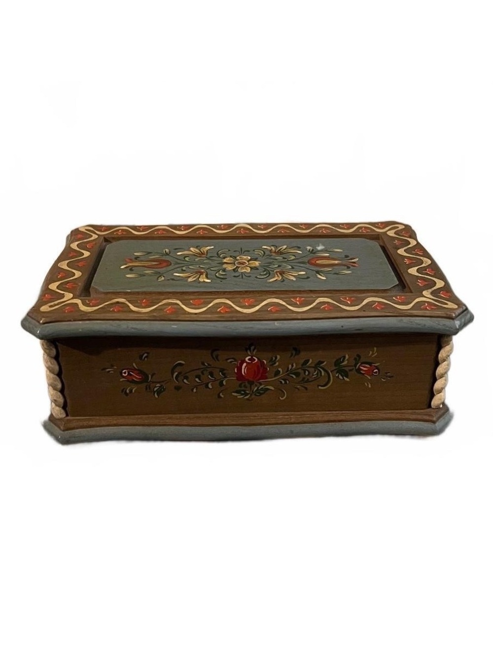 Vintage Anri Reuge Hand Painted Floral Folk Wooden Music Jewelry Box